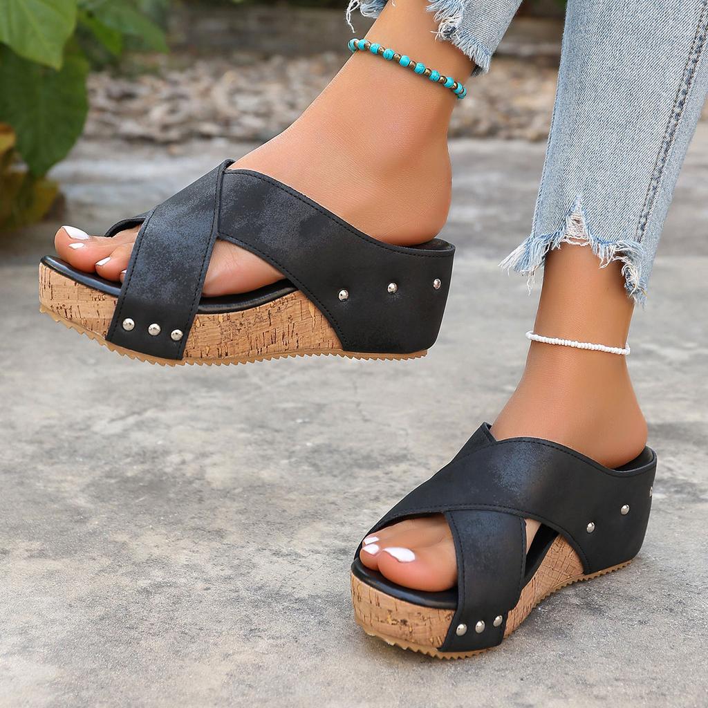 European, American and foreign trade large size cross-strapped platform slippers women's open-toed muffin and retro beach cool slippers