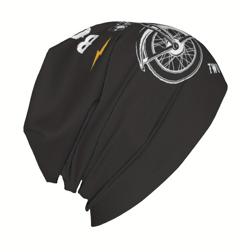 Biihudu Skull Beanie - Black Motorcycle Design With "Born To Ride" & "Two Wheels Move Your Soul" Print, Stylish Polyester Knit H