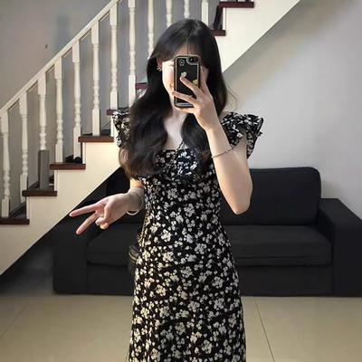 Coffee Break French Hepburn Style Black Floral Dress Children's Summer New Temperament Waist Long Dress Advanced