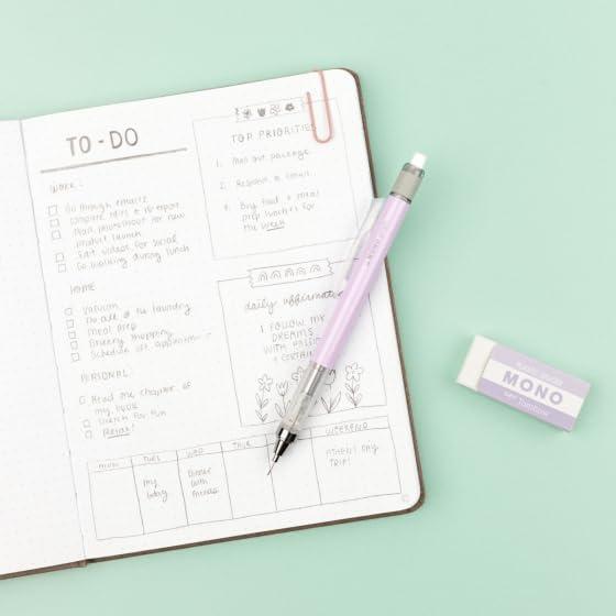 Tombow MONO Graph & MONO Eraser Mechanical Pencil, 0.5mm, Lavender, 4mm Tip, Innovative Shake Mechanism, Stable Brass Tip, Refillable with Eraser