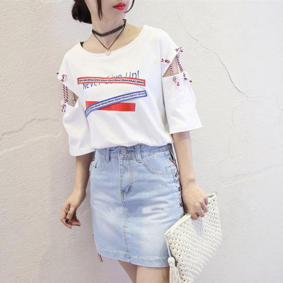 Vintage Women Letter Hollow Half Sleeve Round Neck Loose Tee Top T-shirt Bluzka