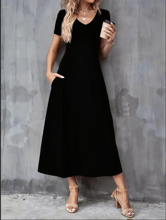 

Женское летнее платье с V-образным вырезом и короткими рукавами с карманами S чёрный