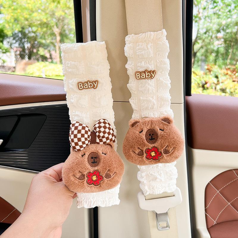 New Cute Cartoon Capybara Car Seat Belt Cover Four Season Universal Puff Material Auto Safety Shoulder Pad Car Decoration