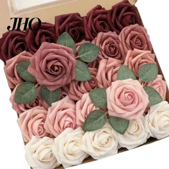 Aisle Decoration Flower 1 Box Artificial Flowers PE Foam Realistic Dahlia Rose Valentines Day Gift Home Roses Fake with Flexible Wire Stems