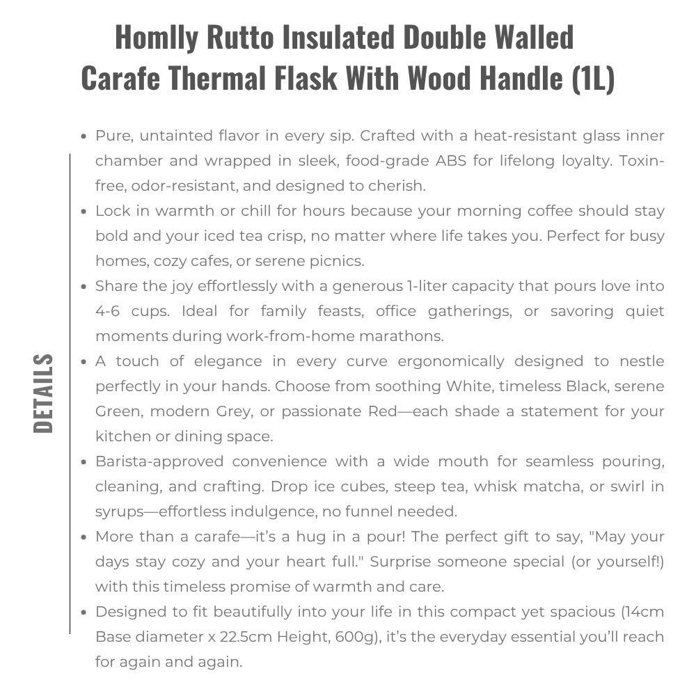 Homlly Rutto Insulated Double Walled Carafe Thermal Flask With Wood Handle (1L)