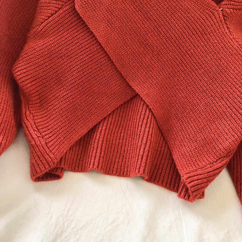 Women's Autumn/Winter 2021 Crossed Knit Short Sweater - Retro High Waist Loose Pullover.