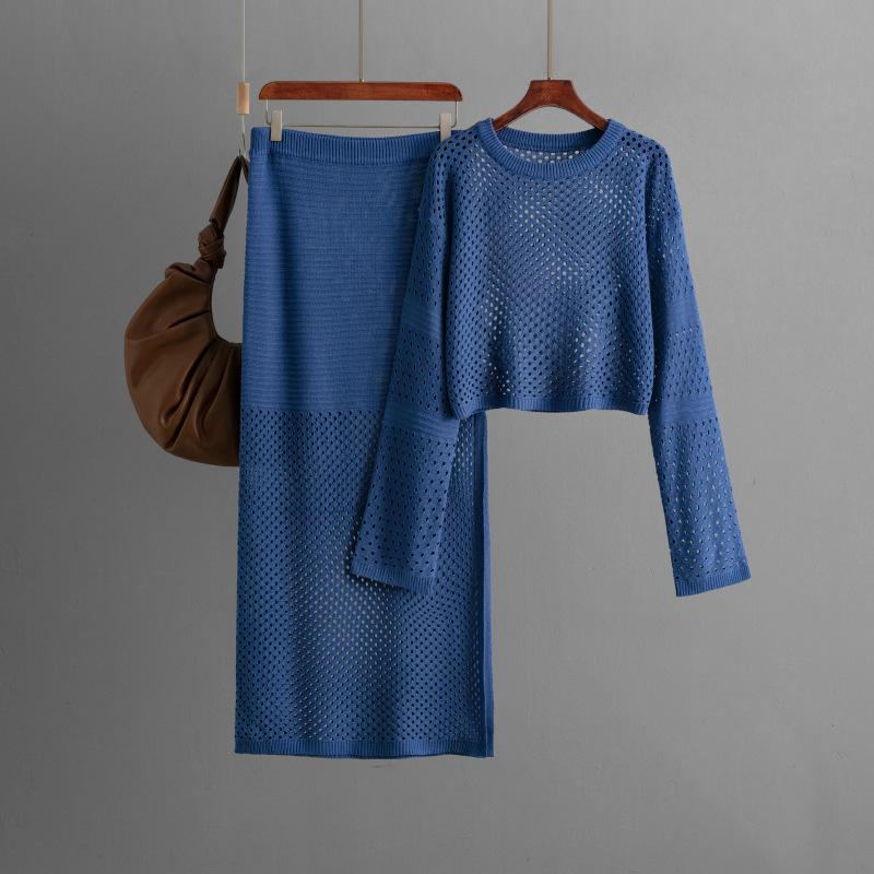 European and American Women's Clothing 2024 New Summer Hollow-out Knitted Shirt Long Skirt Fashion Two-piece Dress