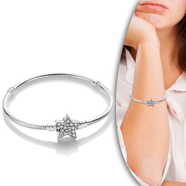 

Новий браслет зі срібла 925 проби, серце, любов, застібка, браслет із ланцюжком зі змією для жінок, підходить для оригінального шарму з бісеру, виготовлення подарунків своїми руками 19cm