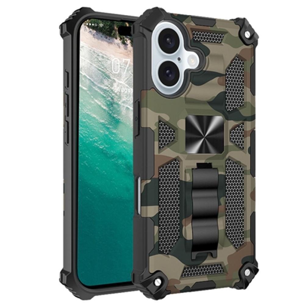 For iPhone 16 Case Kickstand Camouflage Anti-Drop TPU+PC Phone Cover