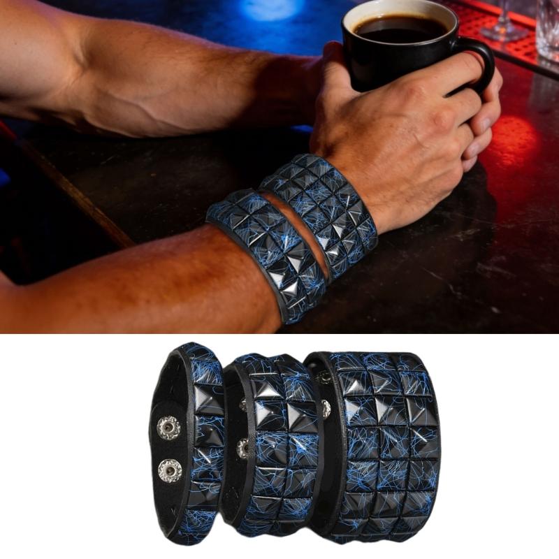3Pcs Punk Bracelets for Night Activities Square Stud Leather Wrist Chain Comfortable Design Lightweight Wear Bangle