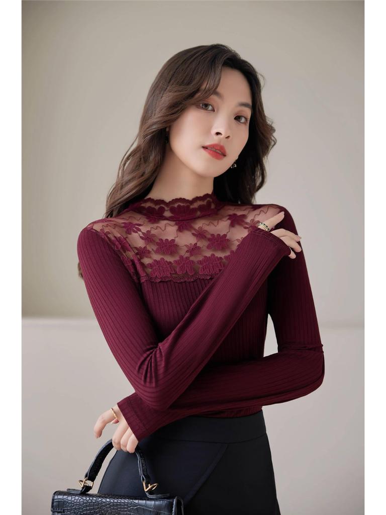 Damen Slim Fit Langarm Mesh-Spitzenoberteil - Aushöhlendesign, Frühling/Herbst Vielseitiger Socialite-Stil