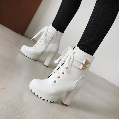 Damen Stiefeletten mit runder Spitze, Plattform, dicke High Heels, Schnürung, Reißverschluss, kurzer Stiefel, Damenmode, Schuhe, Herbst und Winter, 43