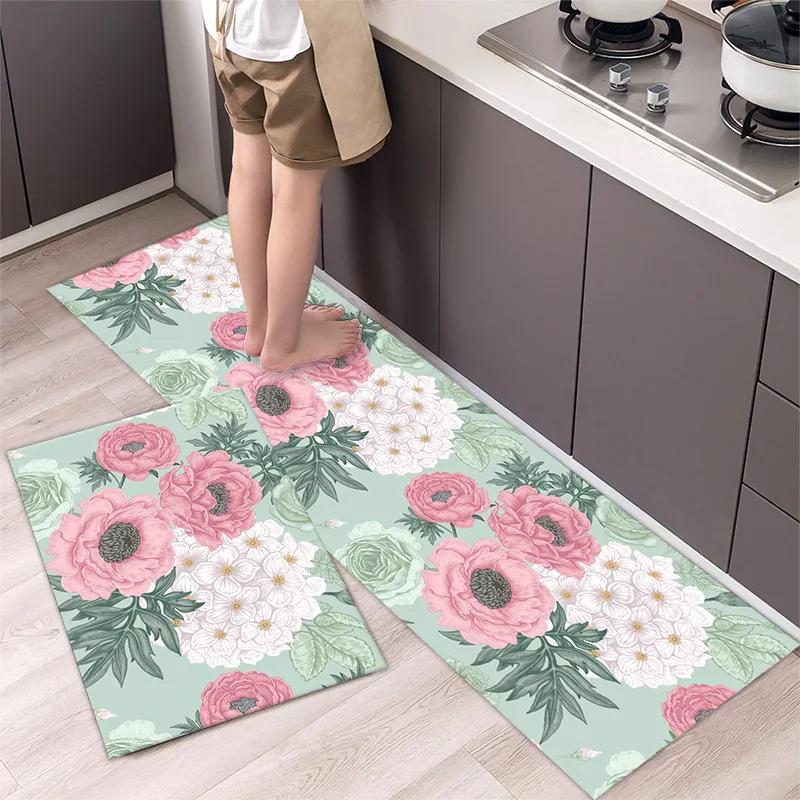 Simple Flower Kitchen Mat Bedroom Bedside Mat Entrance Door Mats Kitchen Mats for Floor Absorbant Waterproof Bathroom Carpet