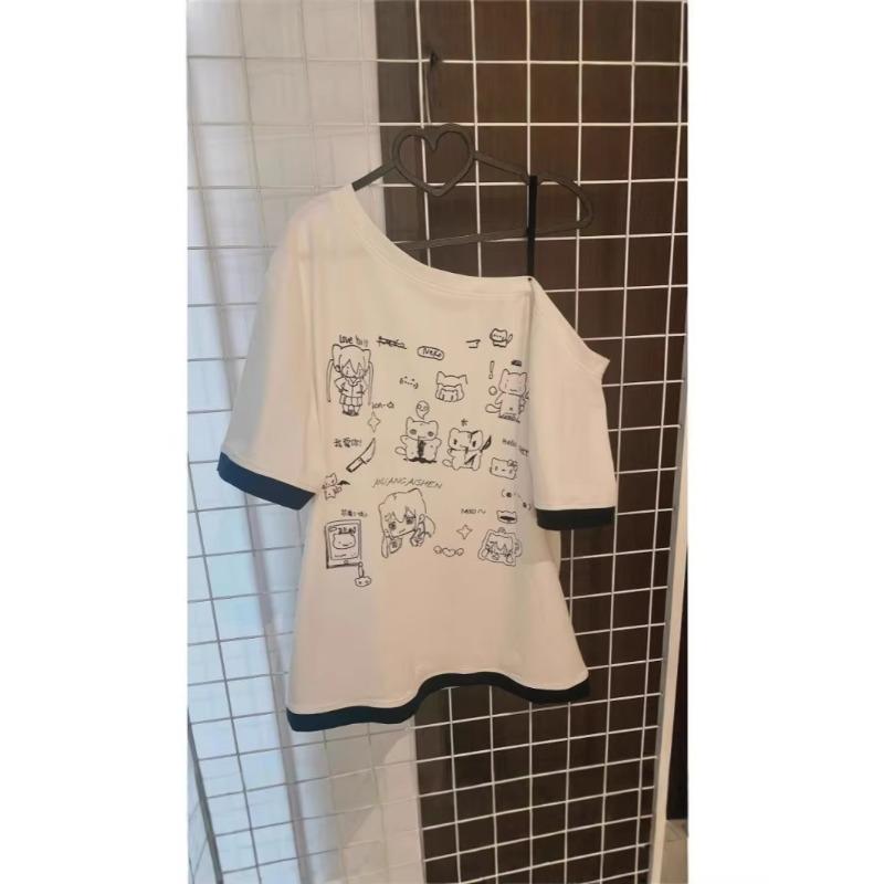 2KWEIRD Y2K Summer Top Off Shoulder Cartoon Print Short Sleeve Loose Versatile Japanese Style for Women