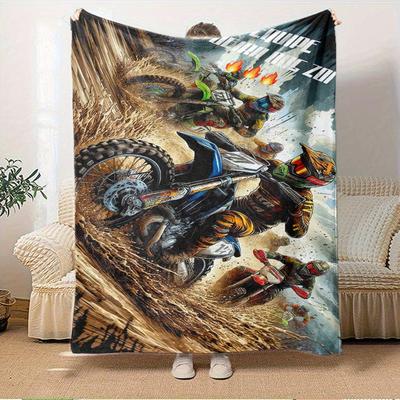 For Motocross,Dirt Track,Extreme Sports-Themed Flannel Blanket, Glam Style, Digital Print, All-Season Comfort, Tear-Resistant, Knitted Craft