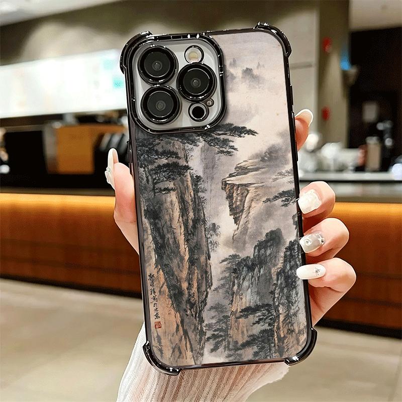 Chinese Style Ink Painting Art Soft Phone Case For iPhone 15 16 17 Air 14 Pro Max 16E Plus 13 12 Mini Plating Anti-Fall Fundas