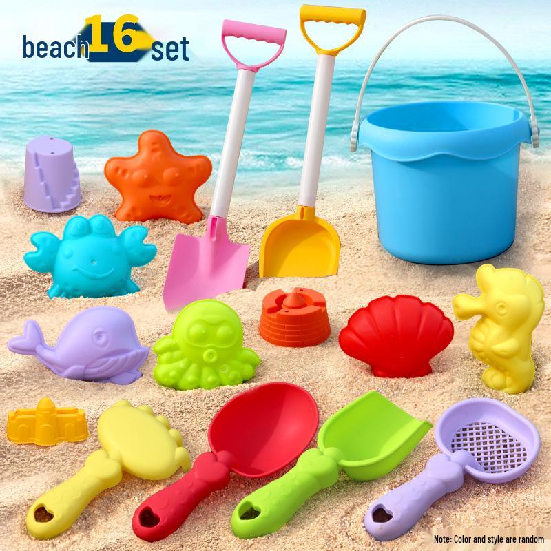 Complete Beach Toy Set: Includes Shovel, Wheelbarrow, Bucket, and Water Toys for Kids' Sand Play at the Seaside.