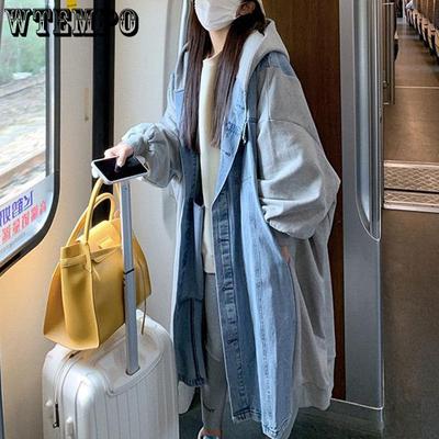 Jaqueta com capuz de cowboy de abotoamento único coreana feminina folgada e preguiçosa de vento, blusas finas de manga comprida no parágrafo longo