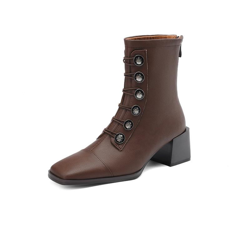 

Meotina Жіночі ботильйони з натуральної шкіри з квадратним носком, товсті високі підбори, короткі черевики на блискавці, жіноче модне взуття, осінь, зима, коричневі 39 коричневий