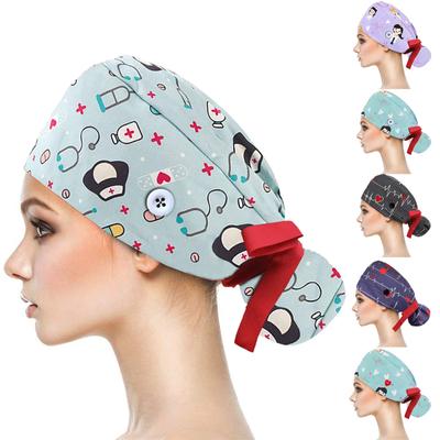 Scrub Cap With Buttons Round Cap Bouffant Hat With Sweatband For Womens And Mens