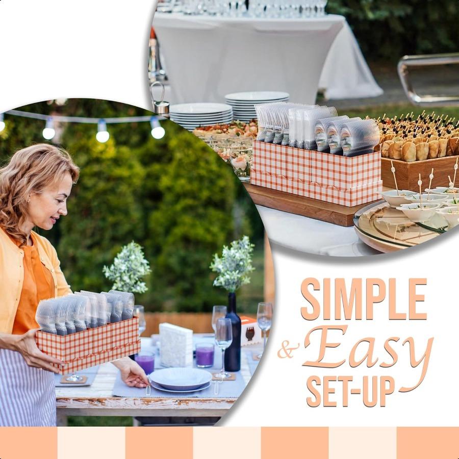 Utensil Caddy Organizer with Clear Plastic Forks and Spoons and Knives Gingham Kitchen Utensil Holder for Party with 3 X 100 Pl