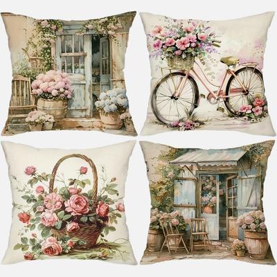 Country Flower Bicycle Pattern Printing Pillowcase Home Room Decoration Pillow Cover Living Room Sofa Chair Cushion Cover