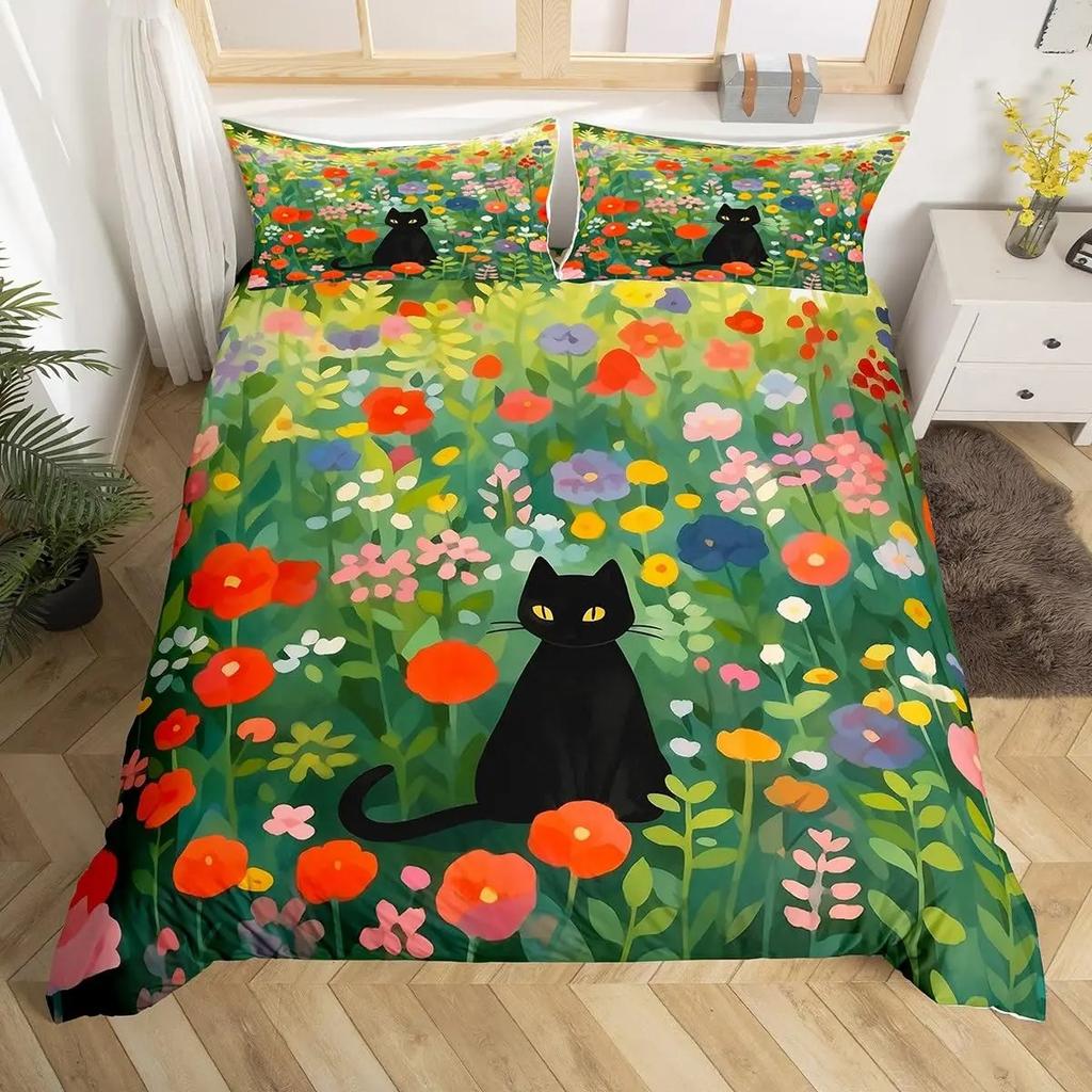 Cartoon Black Cat Duvet Cover Watercolor Flower Bedding Set Pet Animals Botanical Comforter Cover Romantic Rustic Quilt Cover