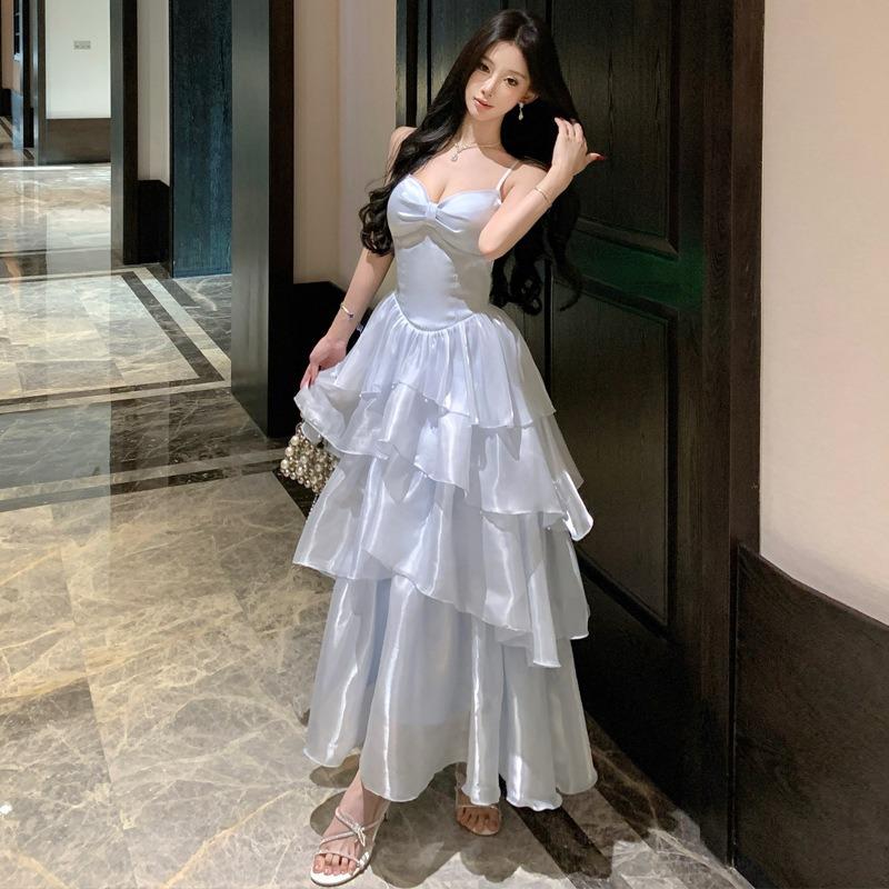French Light Luxury Beautiful Blue Suspender Dress Femininity Waist Ruffle Edge Evening Dress Long Dress Princess Skirt