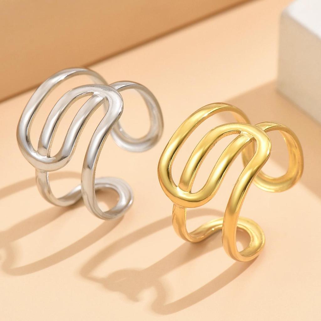 Geometric Lines Adjustable Stainless Steel Open Ring for Women