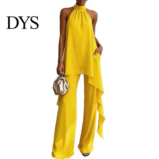 Comfortable Women Outfit Women's Chiffon 2 Piece Sets, Asymmetrical Halter Sleeveless Tops with Plus Size Casual Suit Wide Leg Pants Summer