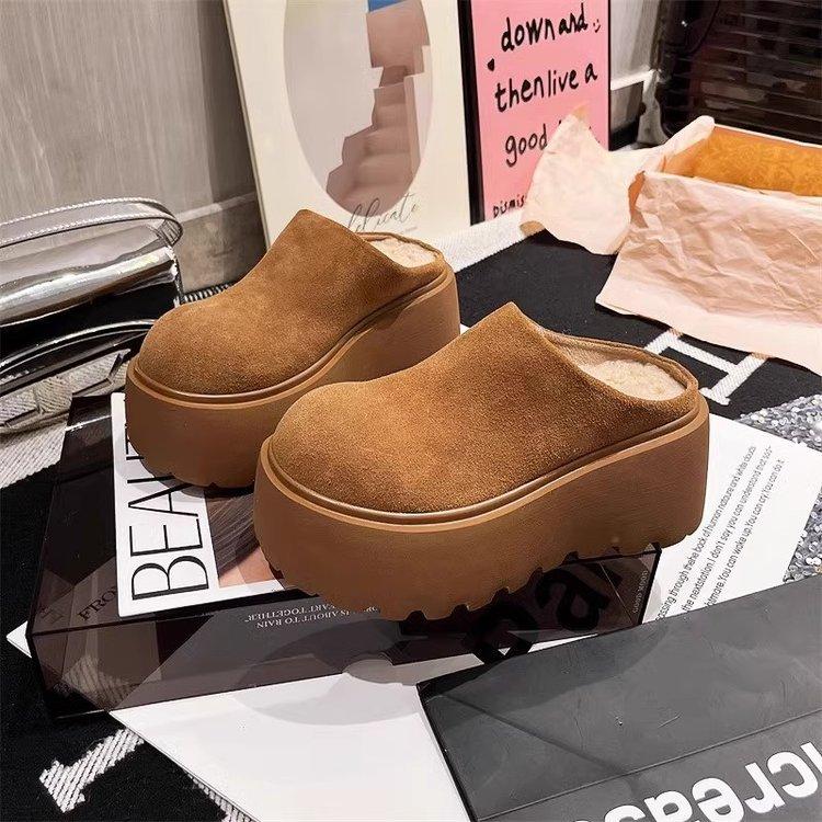 Frosted cowhide muffin thick-bottomed bag head half slippers women wear retro leather versatile small height-increasing wool slippers