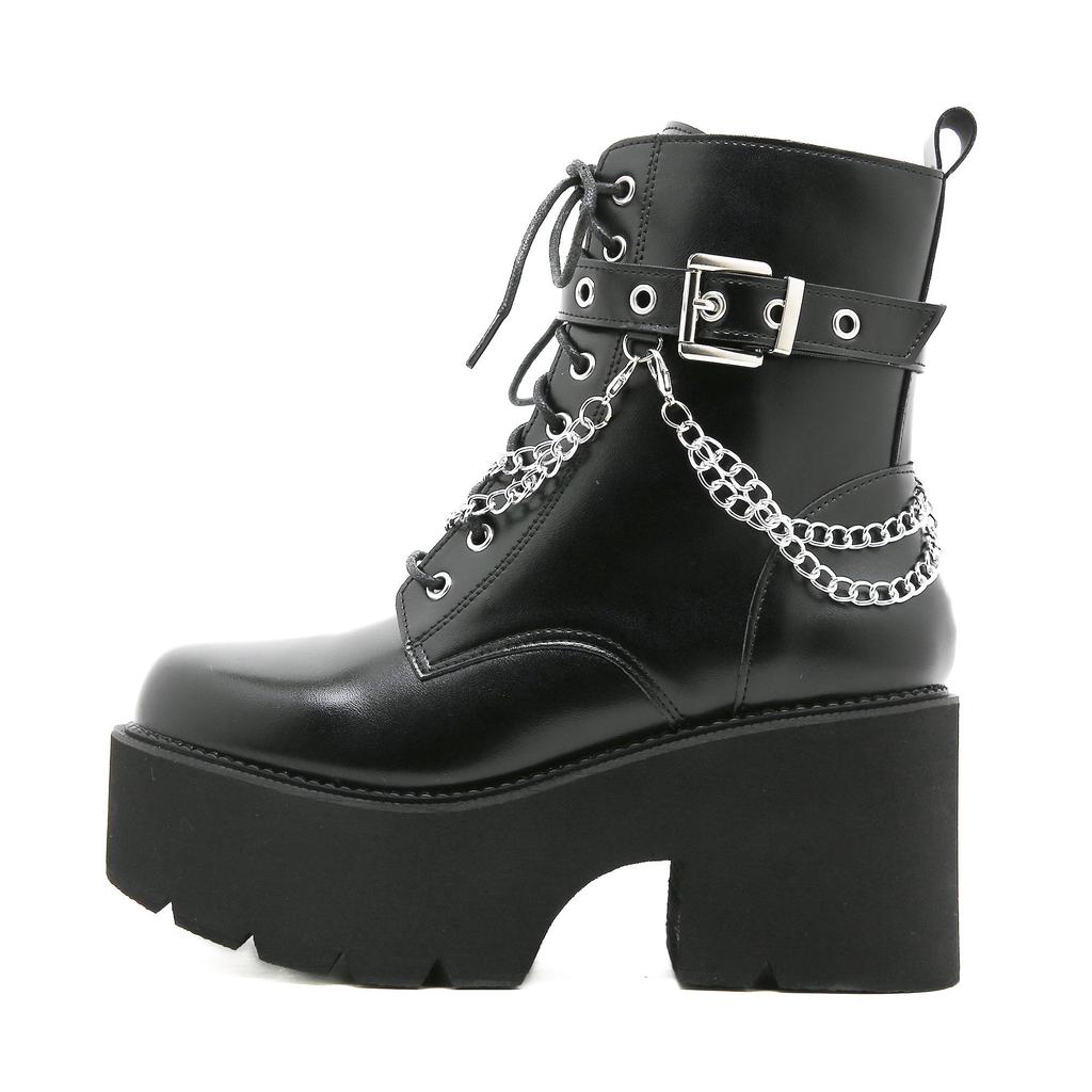 Gdgydh Modern Boots Woman Shoes Gothic Metal Decoration Black Boots Women Heel Sexy Chain Chunky Heel Platform Footwear Zipper