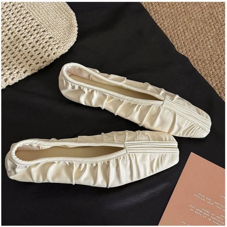 Trend apricot French square head pleated flat-soled single shoes fairy 2025 fairy wind ladyshoes versatile work shoes milk