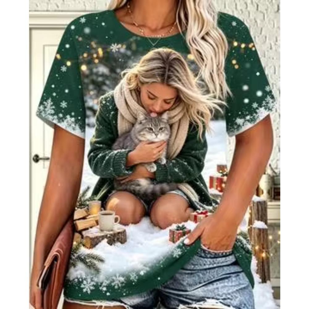 Women Christmas Shiba Inu Puppy T‑Shirt, Girl Playing Snow Winter Xmas Graphic Casual Short Sleeve Tee Holiday Daily Outfit
