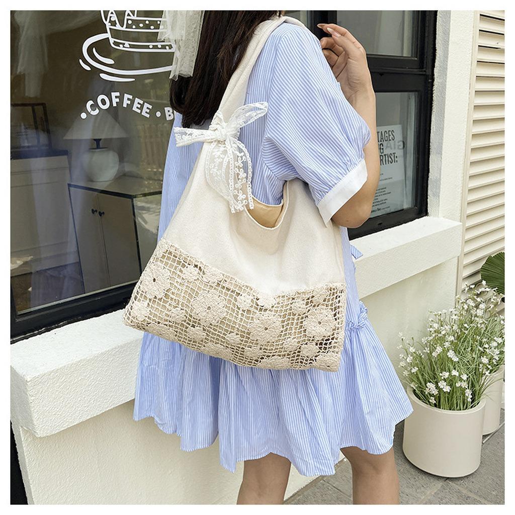 Large Capacity Shoulder Bag High-Quality Lace Splicing Handbag Canvas Tote Bag Fresh Cotton Tote Bag For Short Trip Shopping