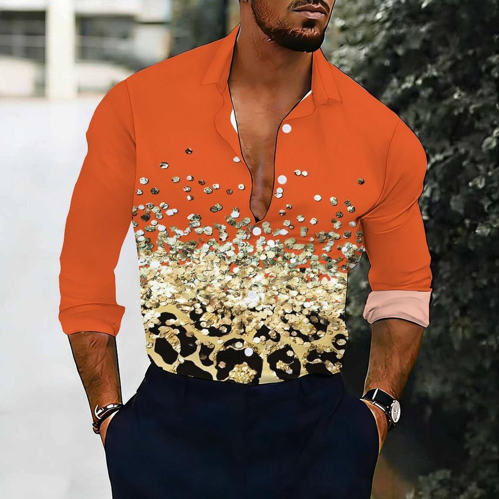 Men Collared Shirt White Base Pink Yellow Rose Leaf Floral Print Long Sleeve Button Down Top