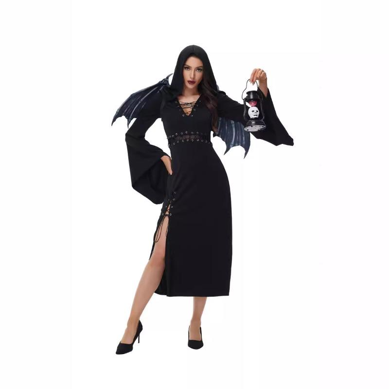 Halloween new vampire dark devil angel black hooded dress adult performance clothes