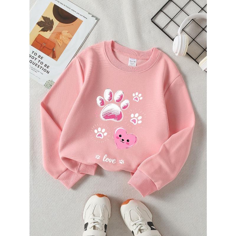 European Sizes Girls Soft Crewneck Sweatshirt Pink Paw Print Heart Kawaii Design, Casual All-Match, Ideal Holiday Present
