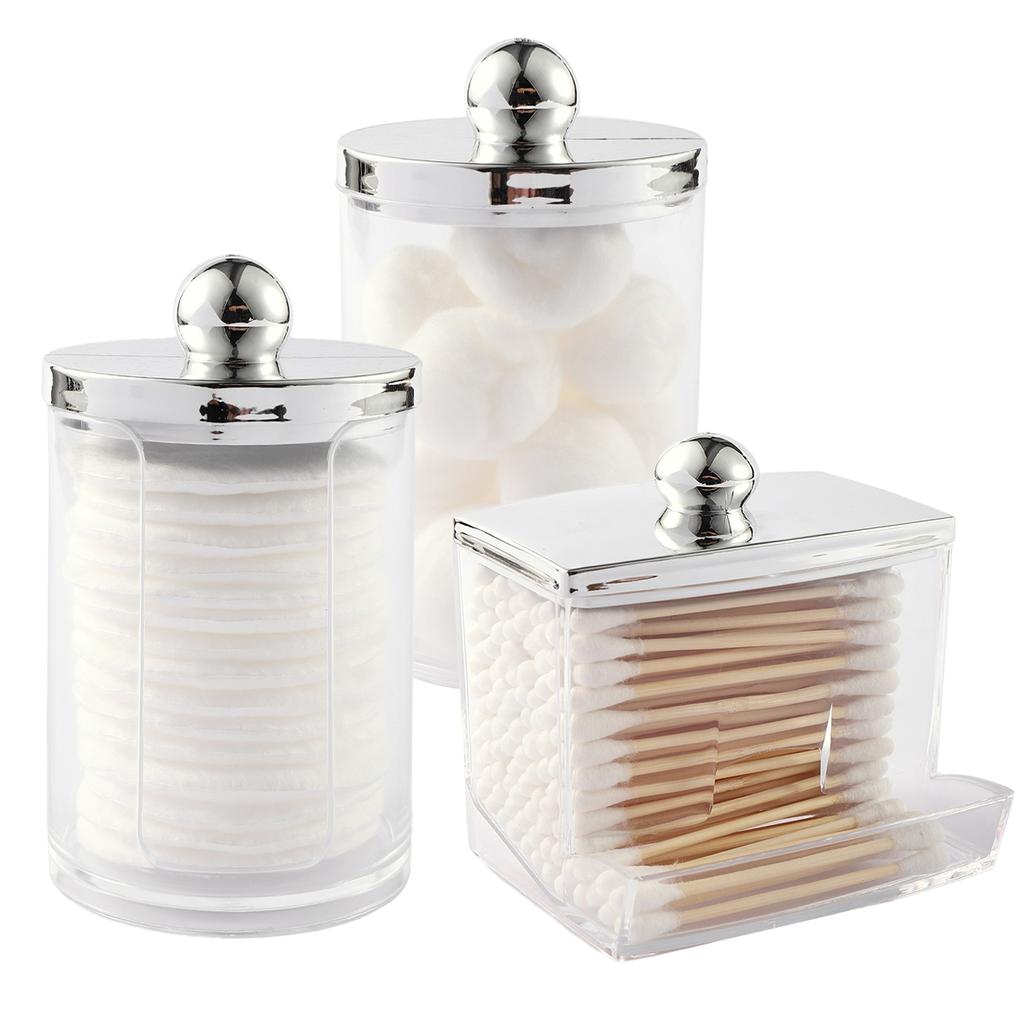 1/3 pcs Qtips Dispenser Bathroom Container with Golden Lid , 10 oz Cotton Ball Holder, Clear Plastic Apothecary Jar Organizer