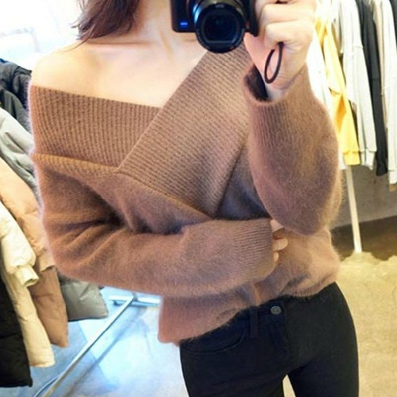 Autumn Long Sleeve Fleece Knitted Sweater Women Winter New Sexy V-neck Off Shoulder Plush Pullovers Sweaters Women Elegant Solid Casual Jumper 25501