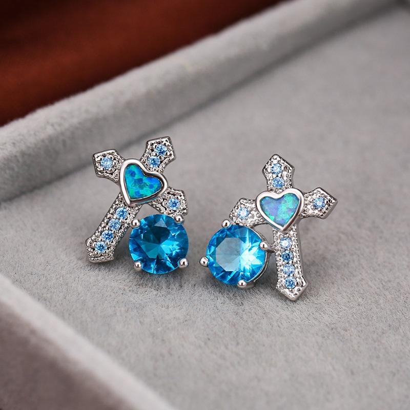 

wishOL small fresh cross small love opal stud earrings Korean