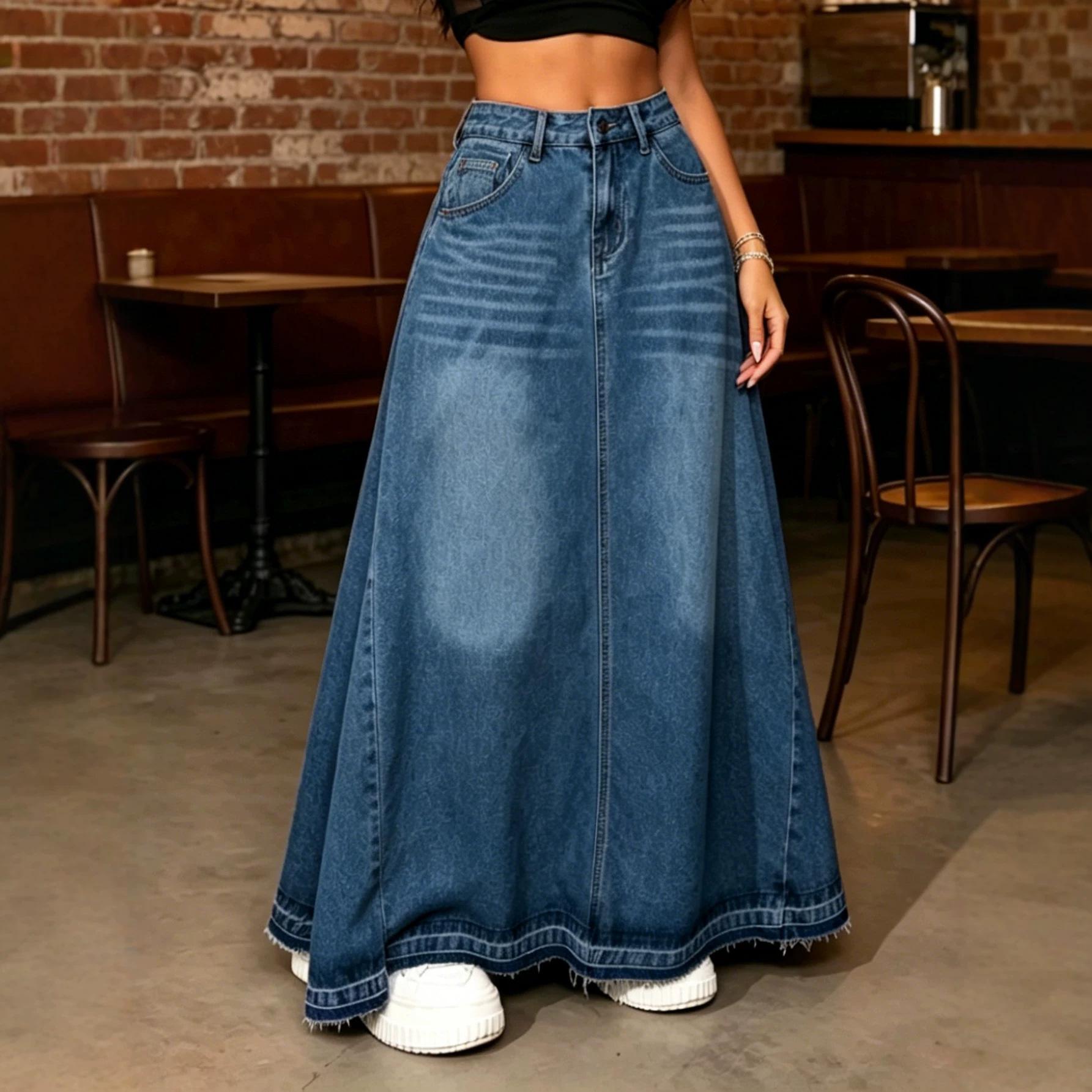 Denim Skirt for Women Retro High Waisted Button Fly Flared Jean Skirts Pleated Flowy Swing A-line Denim Maxi Skirts Womens Casual Vintage Denim Skirts S