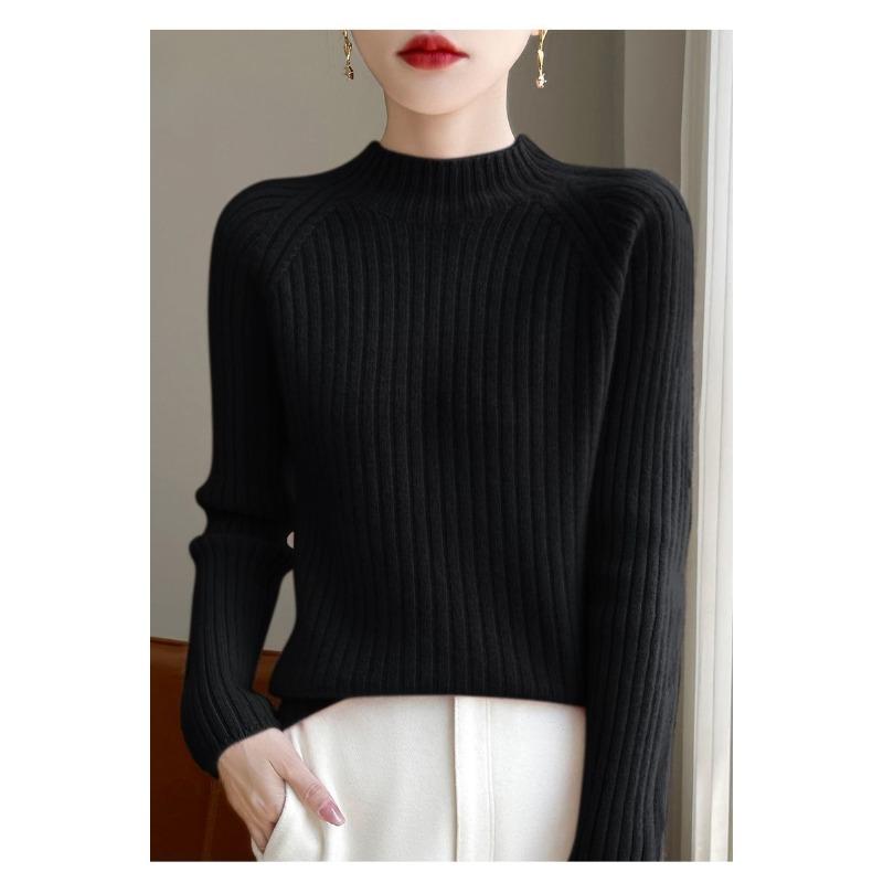Autumn Winter Women Knitwear Slim Fit Semi High Neck Pure Color Loose Short Knitted Sweater Base Layer