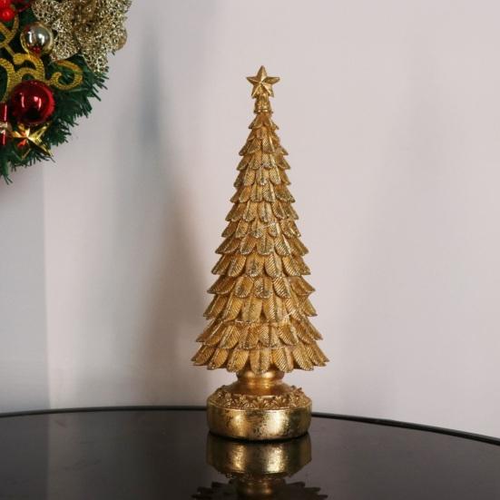 Glowing Christmas Tree Ornament Battery Powered Resin Crafts Lighting Home Party Golden Xmas Tree Desktop Decor