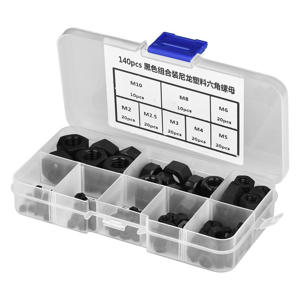 140pcs M2CelsiusM2.5CelsiusM3CelsiusM4CelsiusM5CelsiusM6CelsiusM8CelsiusM10 Thread Nylon Plastic Hex Hexagonal Nuts (Black)