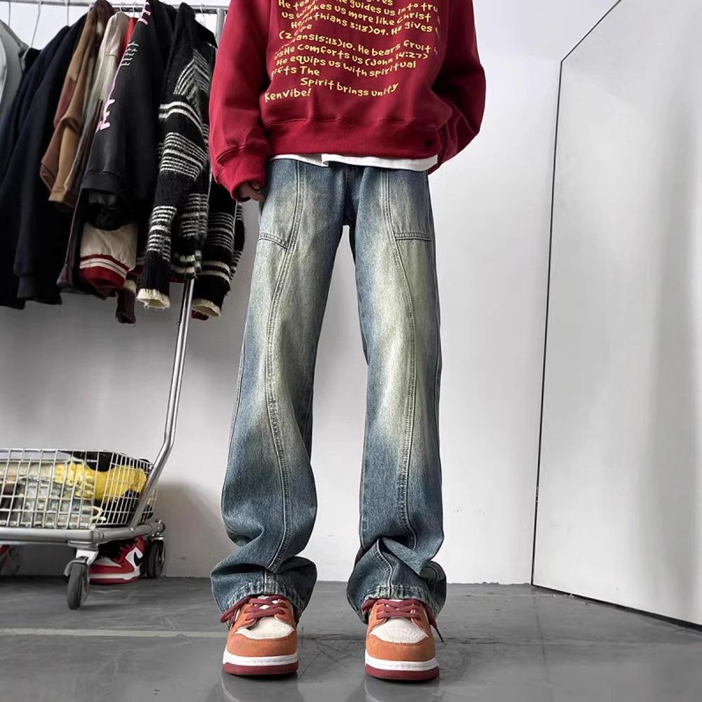 Wasteland Wind Splicing Jeans Men's Autumn American High Street Niche Design Slightly Pull Pants Vibe Wind Straight Pants