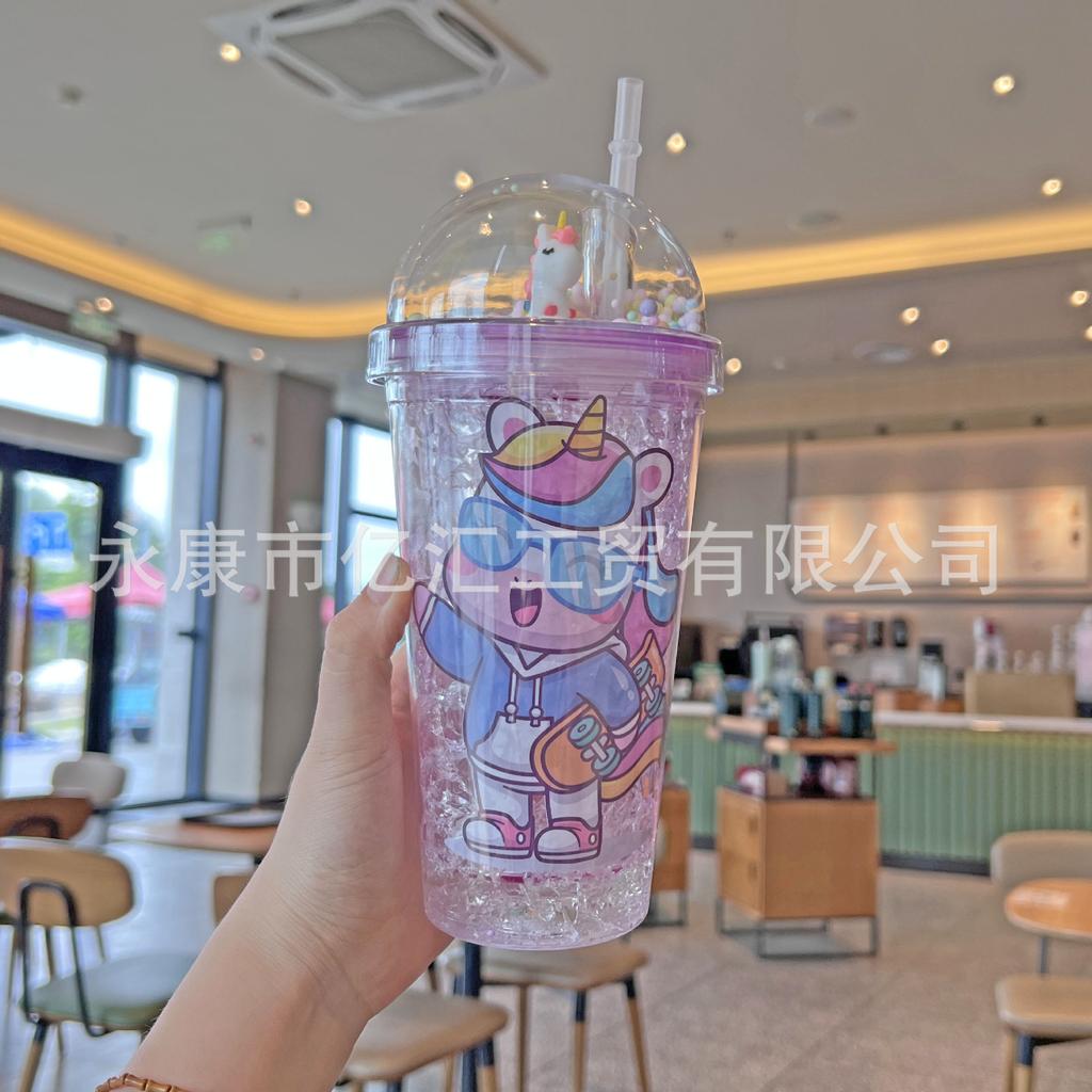 New High-value Unicorn Straw Cup,Portable Cartoon Plastic Water Cups, Double-layer Glitter Crushed Ice Cup, Holiday Gift Tea Cup