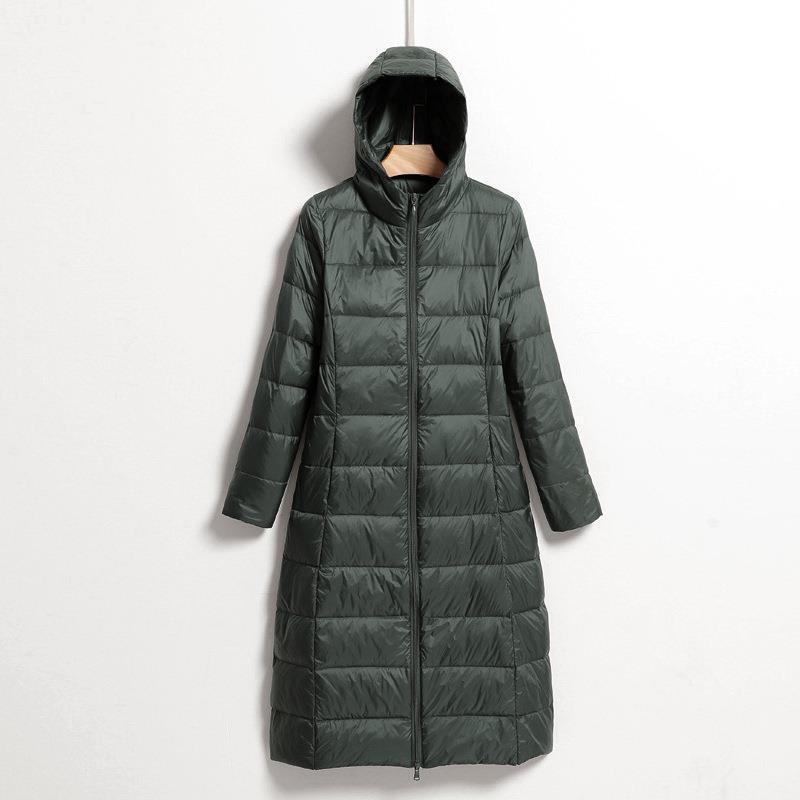 

2025 Осень и зима Новая легкая куртка-пуховик женская средняя и длинная, выше колена, удлиненная, с капюшоном, облегающая, тонкая куртка корейской версии XXXL темно-зеленого