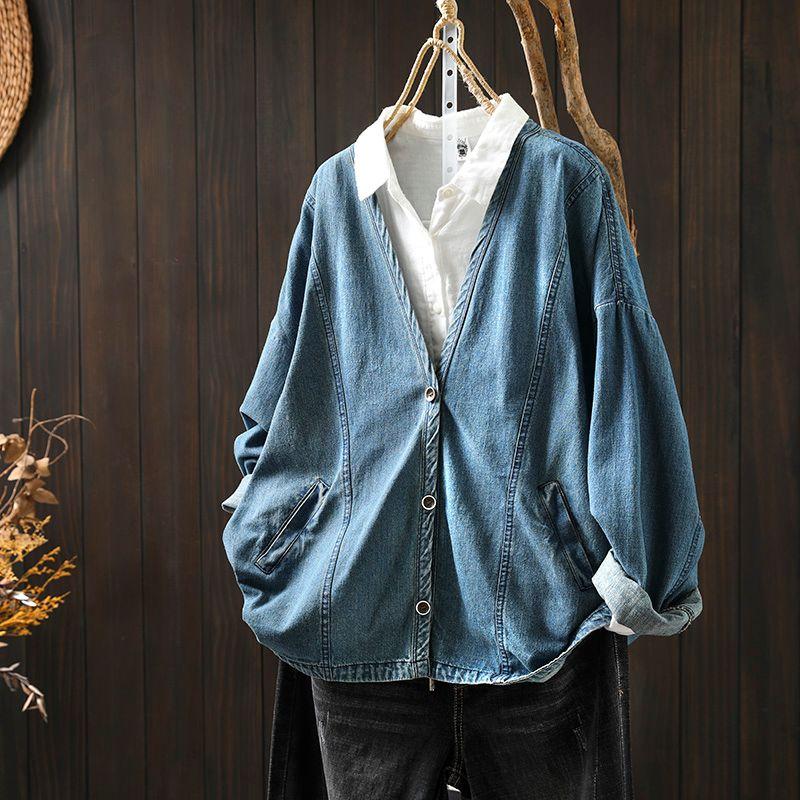 

2025 Spring New Arrival Casual Easiest for Match Loose Plus Size Chubby Girl Flab Hiding V Neck Denim Jacket Long-Sleeved Outerwear Top Light Blue One size