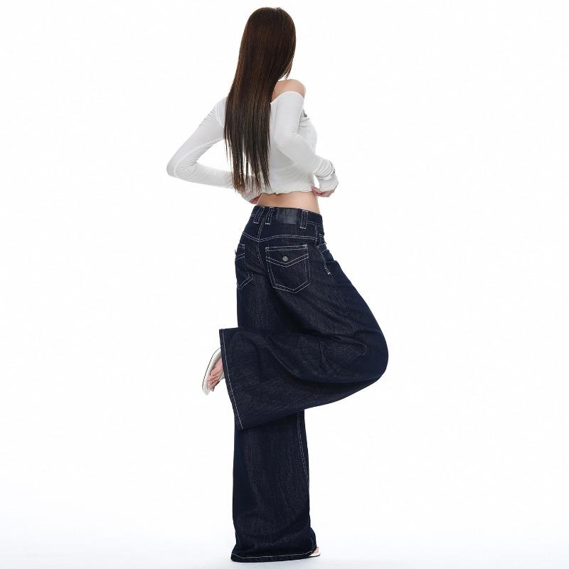Dark blue design wide-leg jeans for women, autumn new high-waisted loose-fitting and thin floor pants